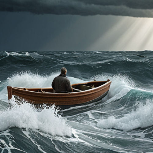 Home 20 The Illusion of Control**
Prompt: *A person confidently navigating a stormy sea in a small boat, believing they have full control, while much larger waves (representing market risks) loom in the background. The scene should evoke a sense of false security and the potential for a sudden upset.*
**