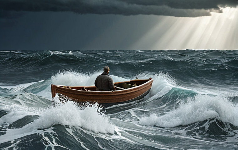 The Illusion of Control**
Prompt: *A person confidently navigating a stormy sea in a small boat, believing they have full control, while much larger waves (representing market risks) loom in the background. The scene should evoke a sense of false security and the potential for a sudden upset.*
**