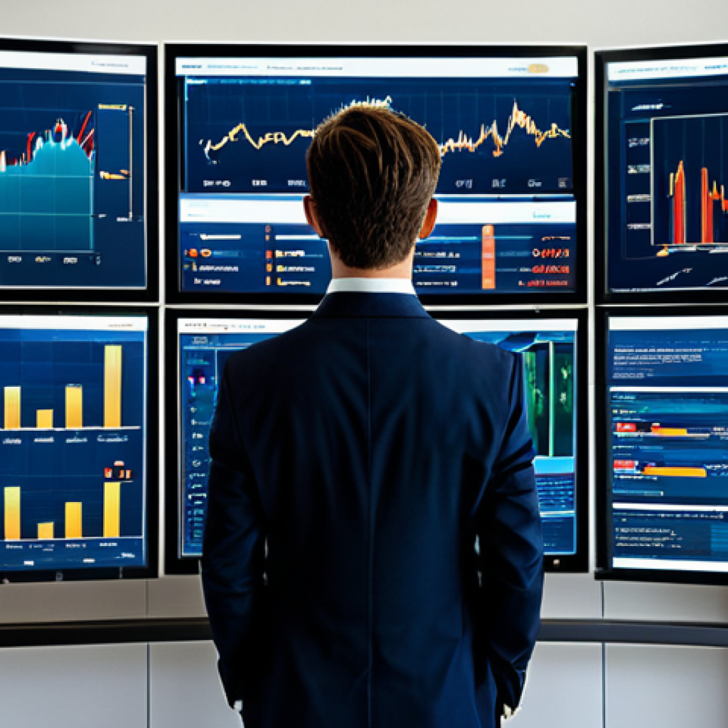 A professional financial analyst, fully clothed in a modest business suit, stands in a sophisticated modern financial office. The analyst is looking at multiple large screens displaying complex financial charts and dynamic visualizations of investment factors like value, growth, and momentum. The background shows a panoramic city view, symbolizing the global market. The image emphasizes the interconnectedness of market dynamics and the challenge of deciphering correlations. Natural pose, perfect anatomy, correct proportions, well-formed hands, proper finger count, natural body proportions. Professional photography, high quality, realistic, safe for work, appropriate content, family-friendly, fully clothed.