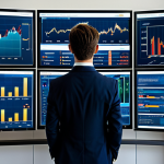 A professional financial analyst, fully clothed in a modest business suit, stands in a sophisticated modern financial office. The analyst is looking at multiple large screens displaying complex financial charts and dynamic visualizations of investment factors like value, growth, and momentum. The background shows a panoramic city view, symbolizing the global market. The image emphasizes the interconnectedness of market dynamics and the challenge of deciphering correlations. Natural pose, perfect anatomy, correct proportions, well-formed hands, proper finger count, natural body proportions. Professional photography, high quality, realistic, safe for work, appropriate content, family-friendly, fully clothed.