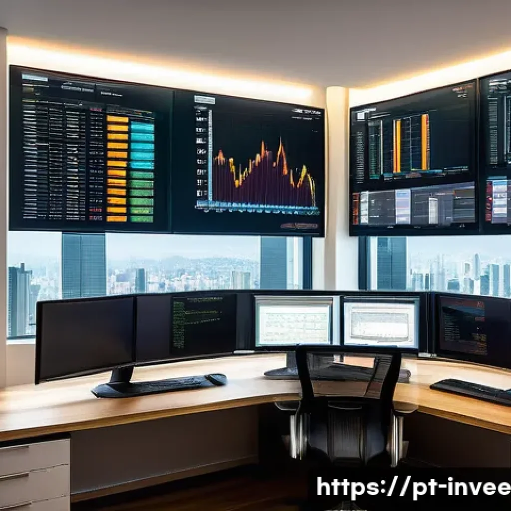 펀드 매니저의 팩터 투자 접근법 - A modern financial analyst workspace in São Paulo, Brazil, featuring a sleek desk with multiple larg...