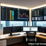 Home 22 펀드 매니저의 팩터 투자 접근법 - A modern financial analyst workspace in São Paulo, Brazil, featuring a sleek desk with multiple larg...