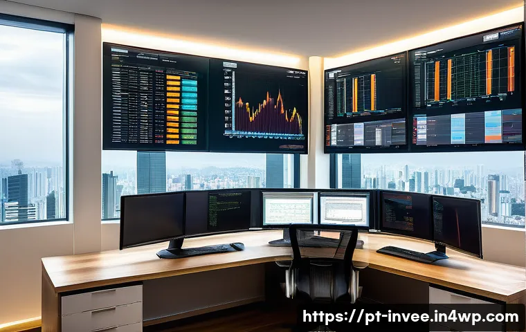 펀드 매니저의 팩터 투자 접근법 - A modern financial analyst workspace in São Paulo, Brazil, featuring a sleek desk with multiple larg...