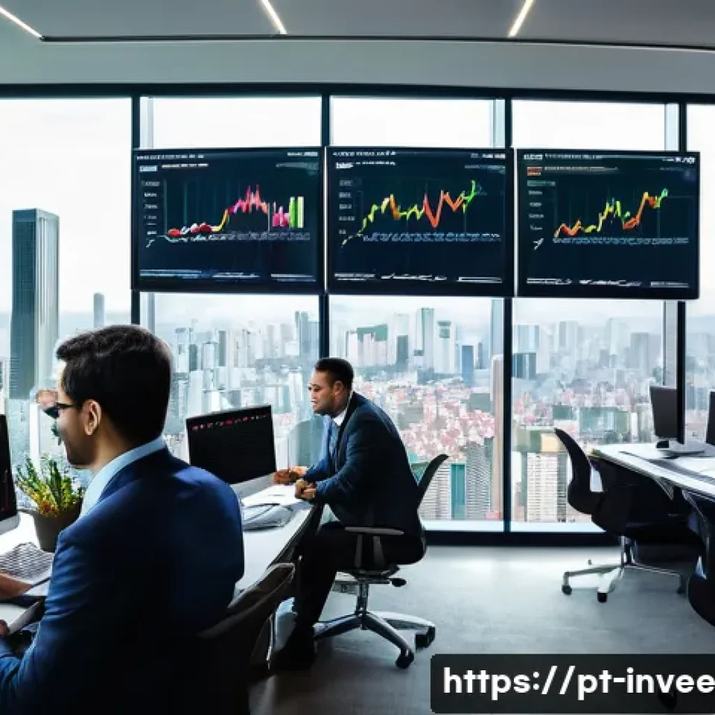 팩터 투자와 리서치 자료의 중요성 - A sophisticated modern office setting with a diverse group of Brazilian financial analysts studying ...