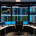 Home 23 팩터 투자와 장기적인 투자 전략 - A sophisticated financial analyst working in a modern São Paulo office, surrounded by multiple large...